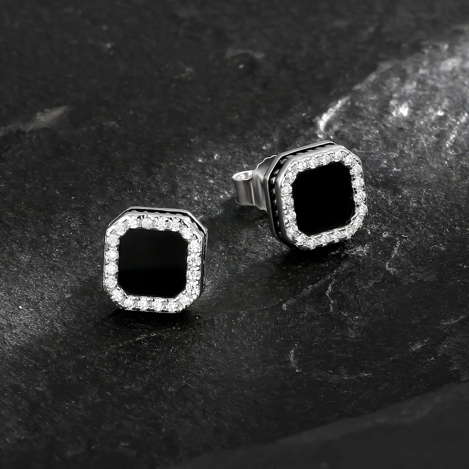 Square Black Iced CZ Stud Earrings for Men