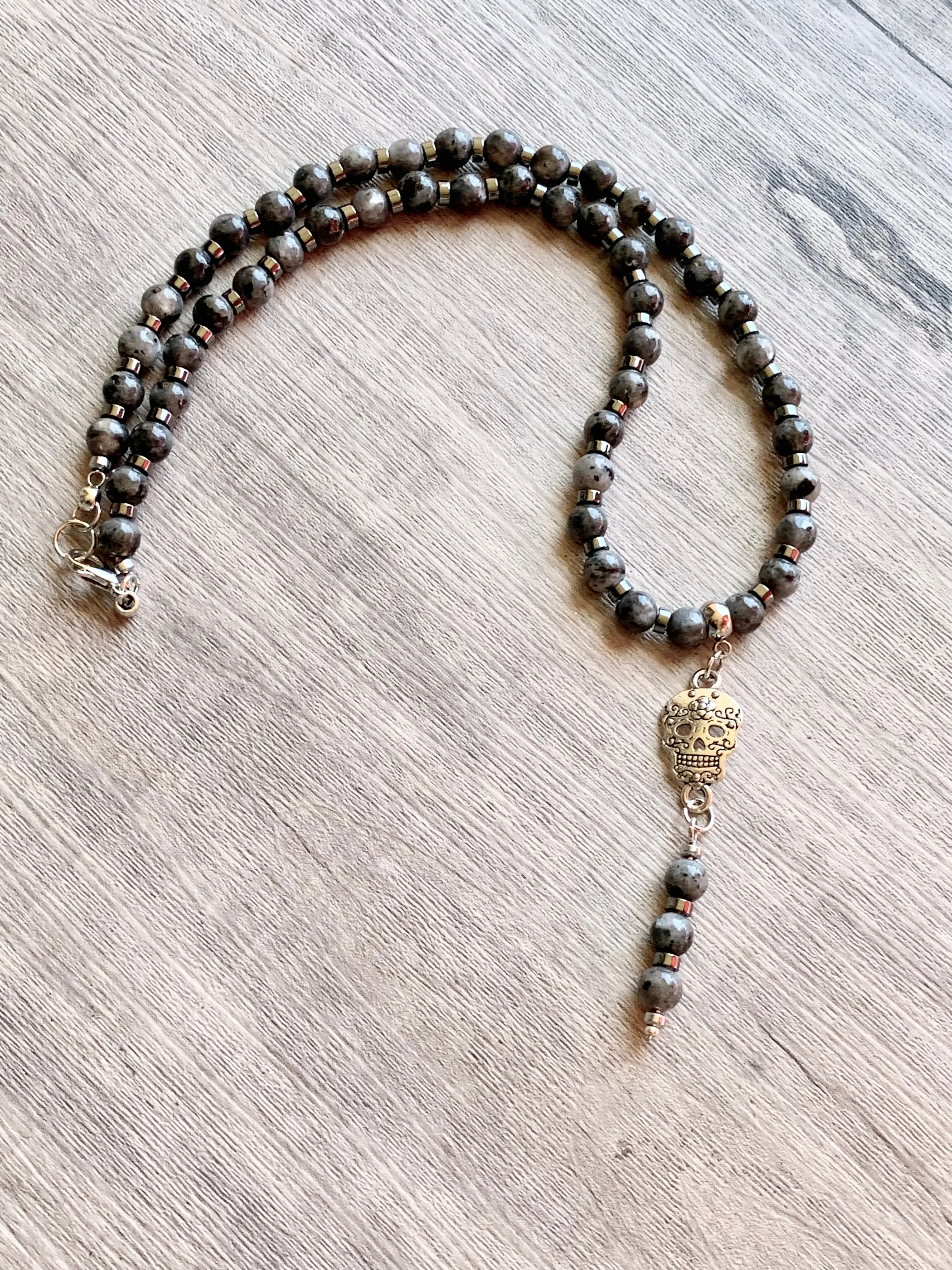 Stella Handmade Labradorite and Hematite 17" Choker with Skull Pendant