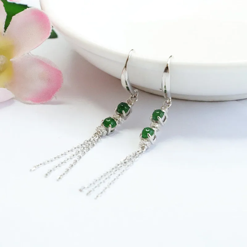 Sterling Silver Double Natural King Green Jade Round Bead Tassel Earrings