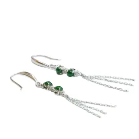 Sterling Silver Double Natural King Green Jade Round Bead Tassel Earrings