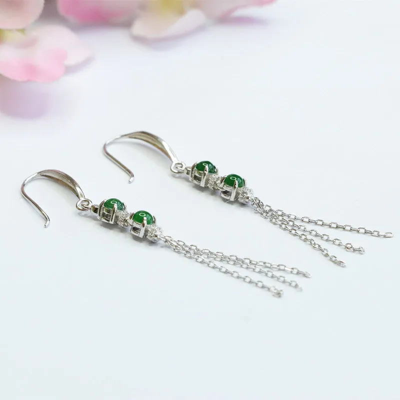 Sterling Silver Double Natural King Green Jade Round Bead Tassel Earrings