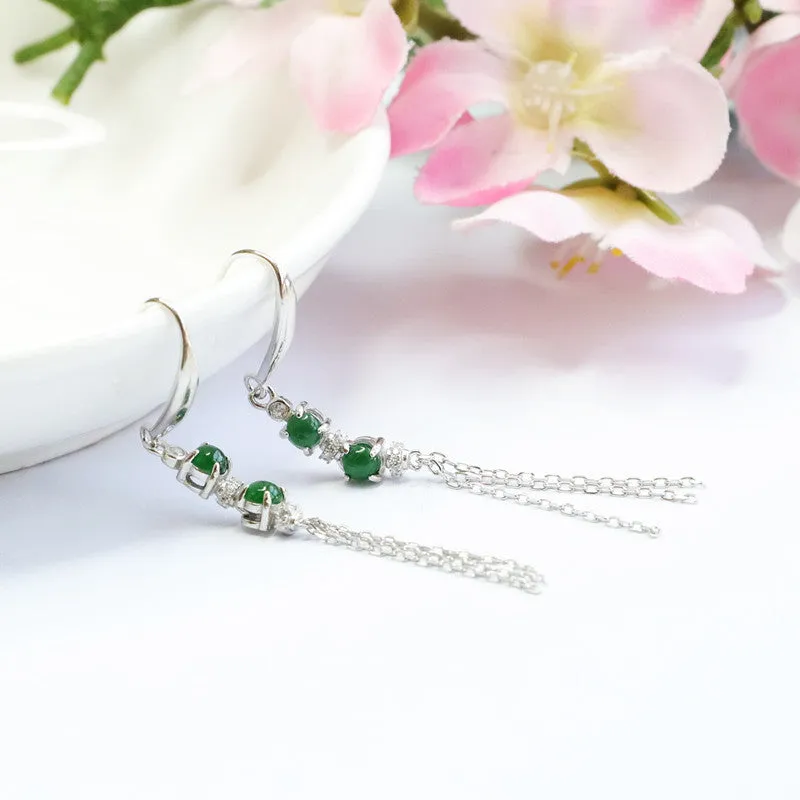 Sterling Silver Double Natural King Green Jade Round Bead Tassel Earrings