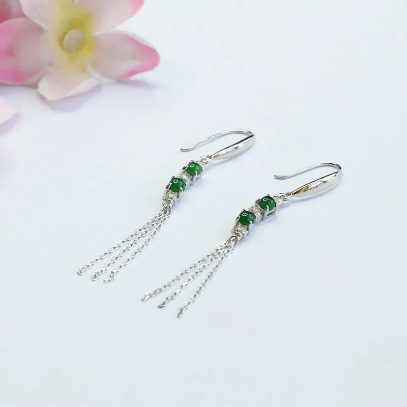 Sterling Silver Double Natural King Green Jade Round Bead Tassel Earrings