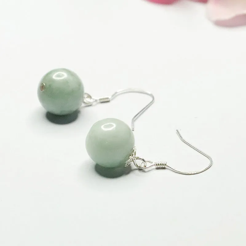 Sterling Silver Earrings with Jade Round Bead Ear Hooks