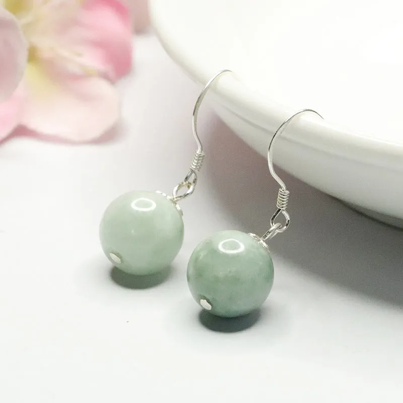 Sterling Silver Earrings with Jade Round Bead Ear Hooks