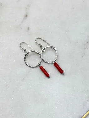 Sterling silver forged hoop earrings with coral