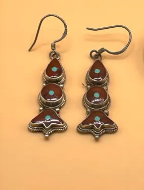 Sterling Silver Gemstone Coral and Turquoise Tibetan Inlay Earrings