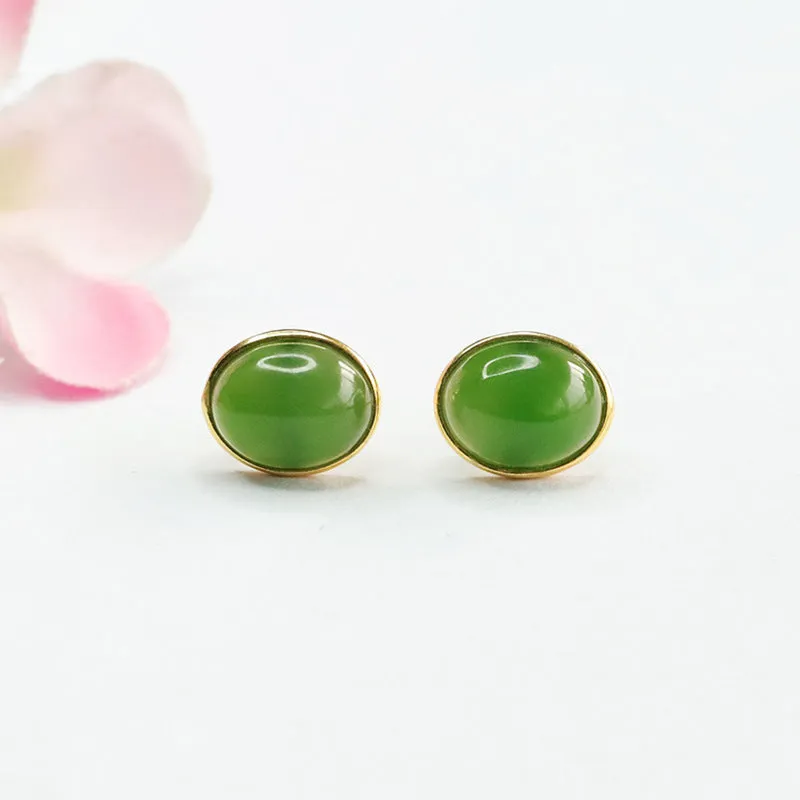 Sterling Silver Oval Hotan Jade Earrings with Jasper Insets