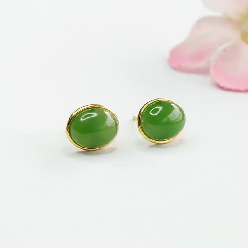 Sterling Silver Oval Hotan Jade Earrings with Jasper Insets