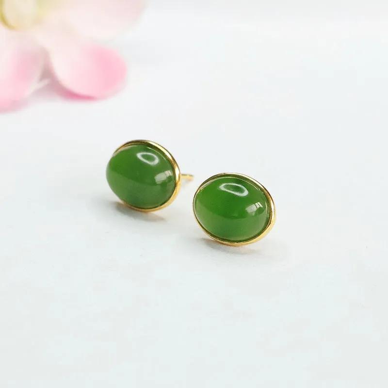 Sterling Silver Oval Hotan Jade Earrings with Jasper Insets