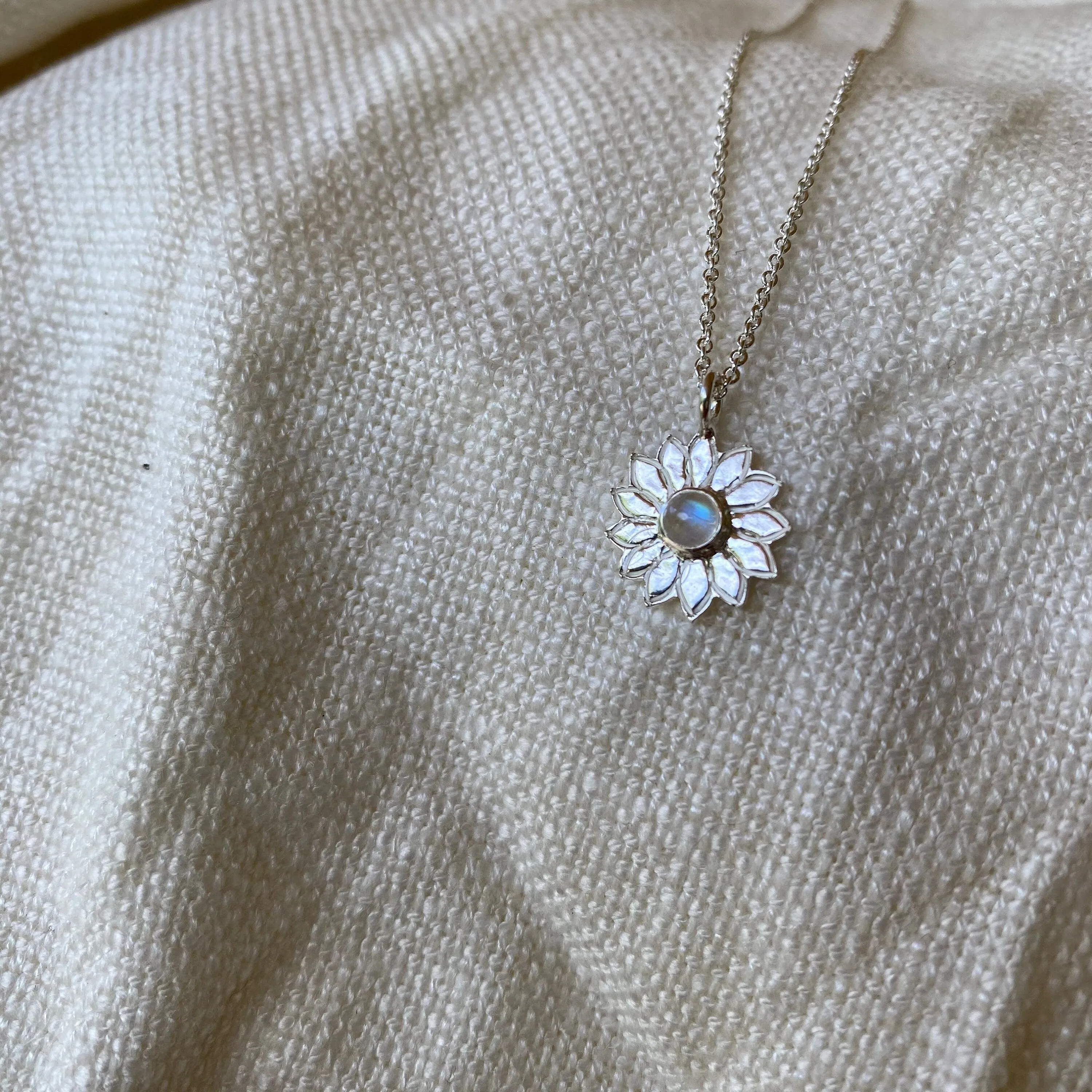 Sunflower Charm Sterling Silver Rainbow Moonstone Necklace