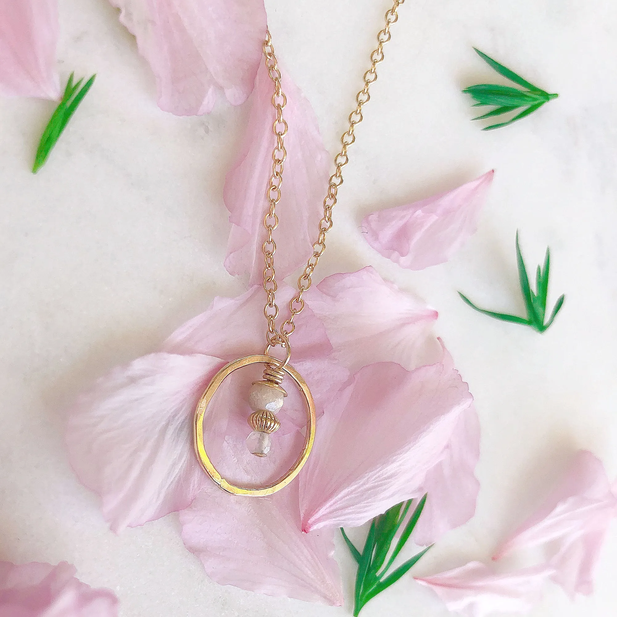 Sunrise Moonstone and Gold Circle Necklace