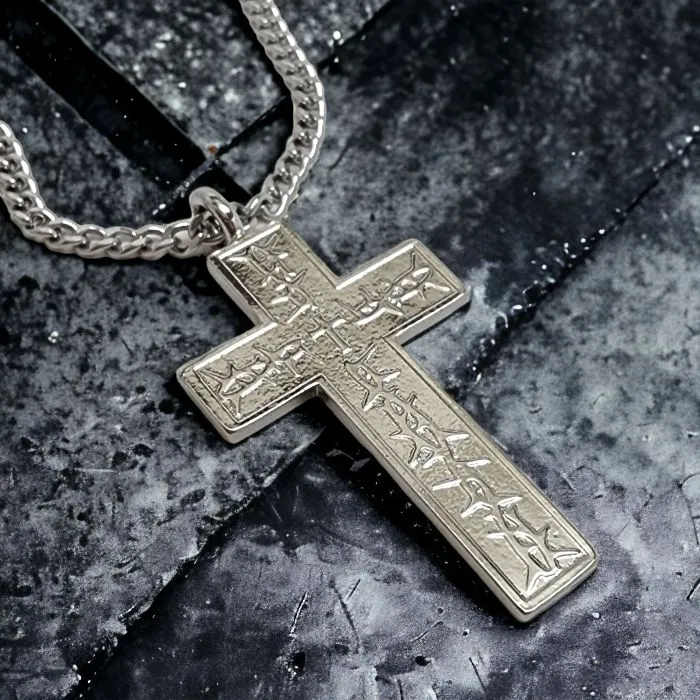 Thorns Cross Rhodium Metal Finish Pendant Curb Chain Necklace