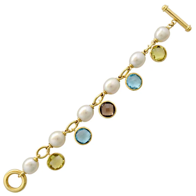 Toggle Bracelet-Smokey Quartz, Blue Topaz, Lemon Quartz and Pearl