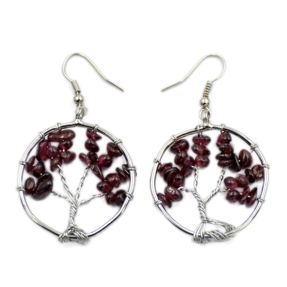 Tree of Life Hook Earrings Chakra Gemstone 30mm Silver Wire Wrap