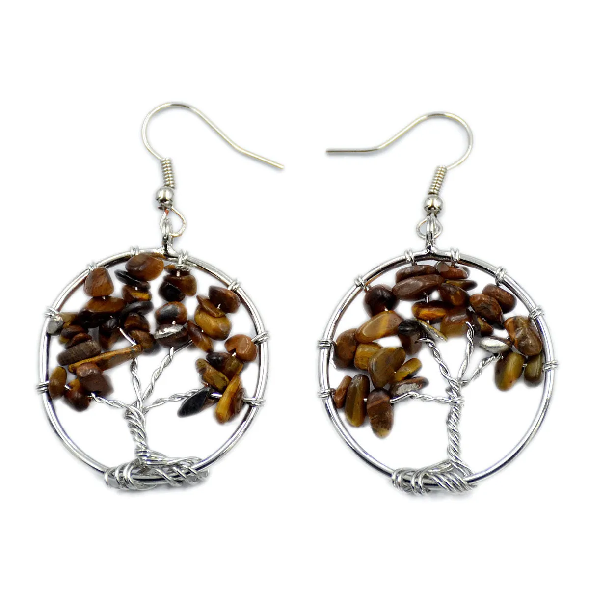 Tree of Life Hook Earrings Chakra Gemstone 30mm Silver Wire Wrap