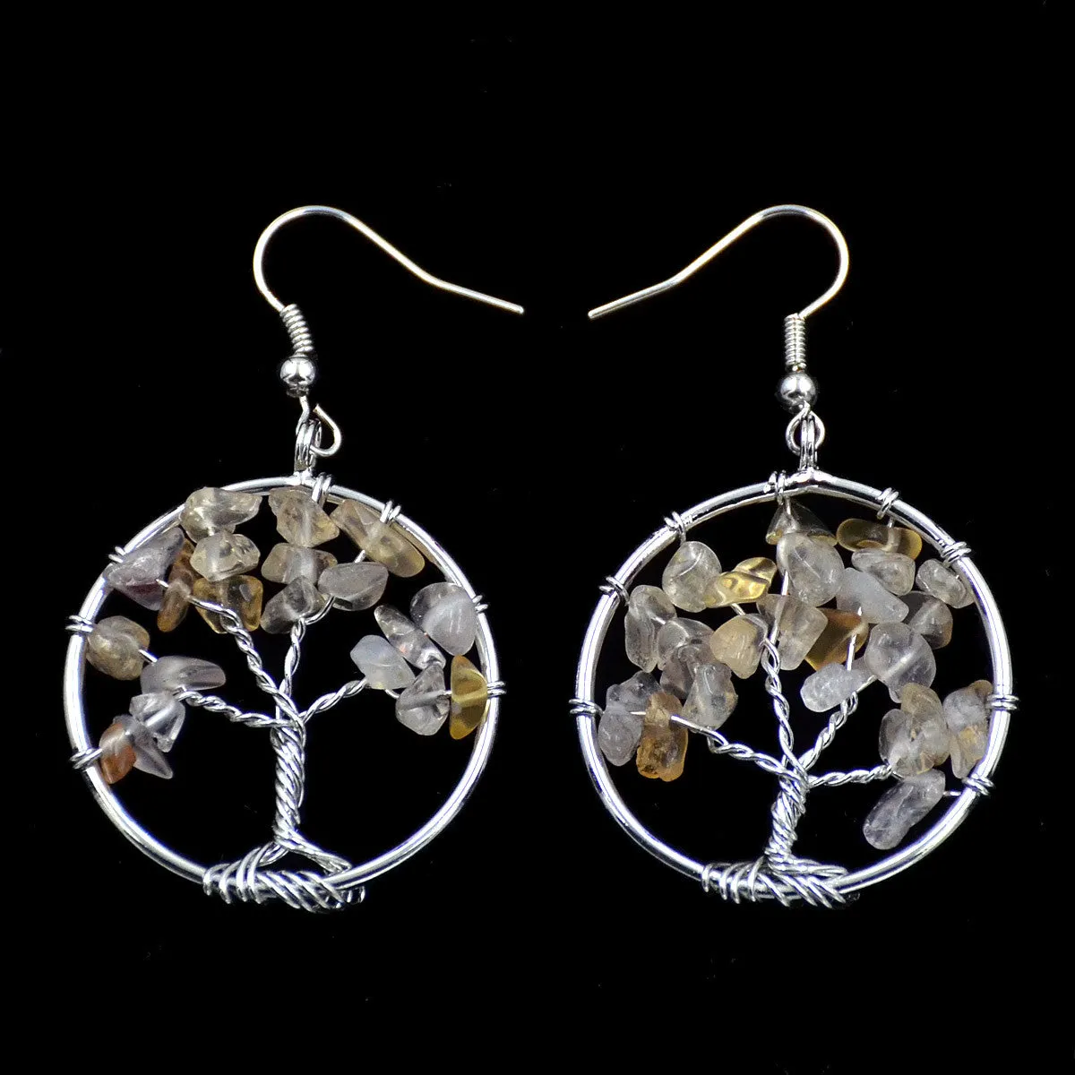 Tree of Life Hook Earrings Chakra Gemstone 30mm Silver Wire Wrap