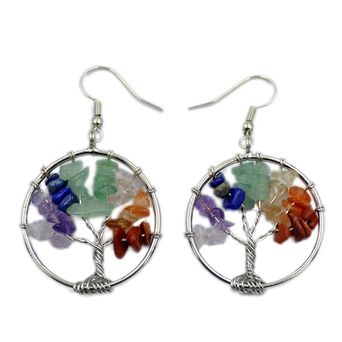 Tree of Life Hook Earrings Chakra Gemstone 30mm Silver Wire Wrap