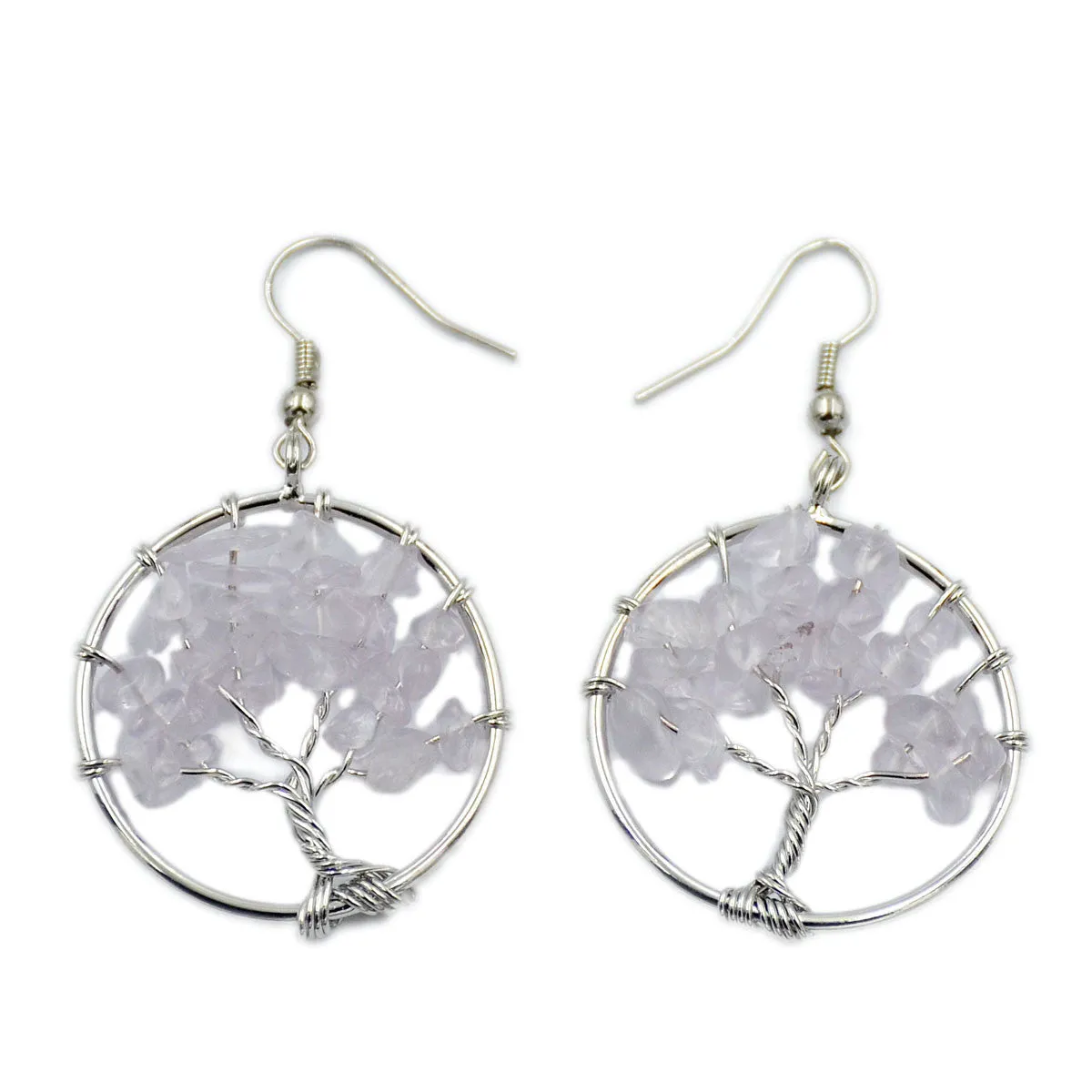 Tree of Life Hook Earrings Chakra Gemstone 30mm Silver Wire Wrap