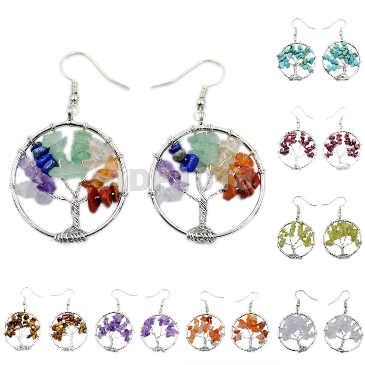 Tree of Life Hook Earrings Chakra Gemstone 30mm Silver Wire Wrap