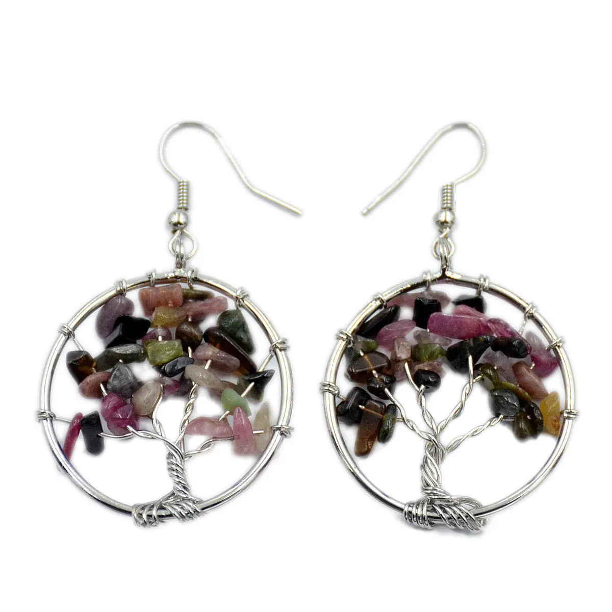 Tree of Life Hook Earrings Chakra Gemstone 30mm Silver Wire Wrap