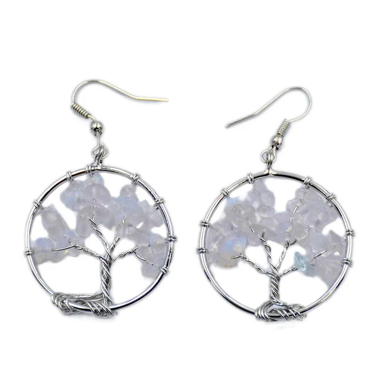 Tree of Life Hook Earrings Chakra Gemstone 30mm Silver Wire Wrap