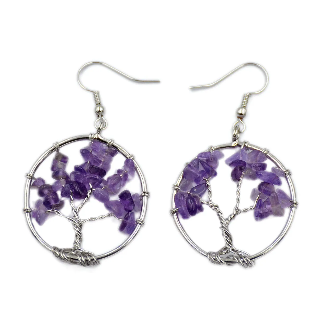 Tree of Life Hook Earrings Chakra Gemstone 30mm Silver Wire Wrap