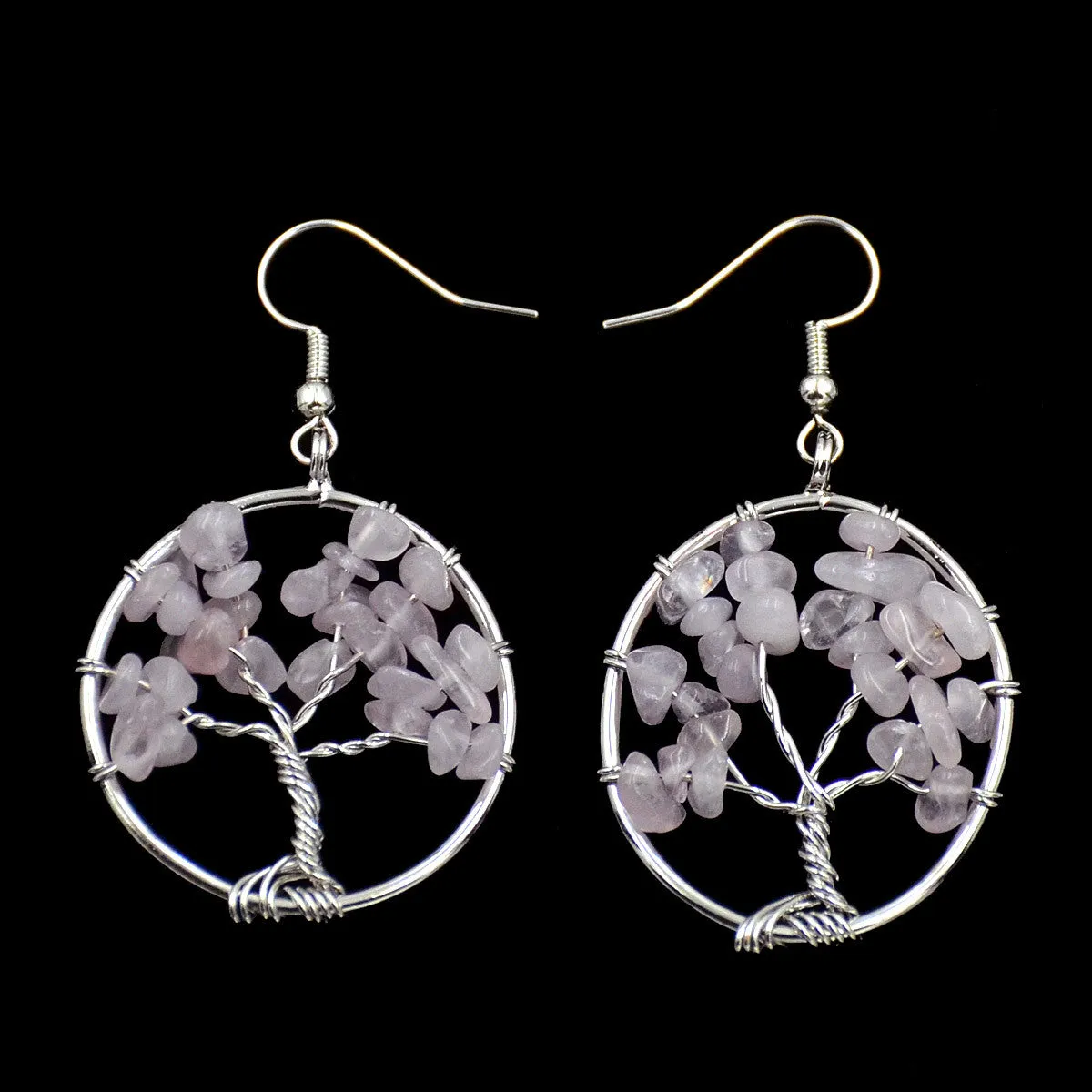 Tree of Life Hook Earrings Chakra Gemstone 30mm Silver Wire Wrap