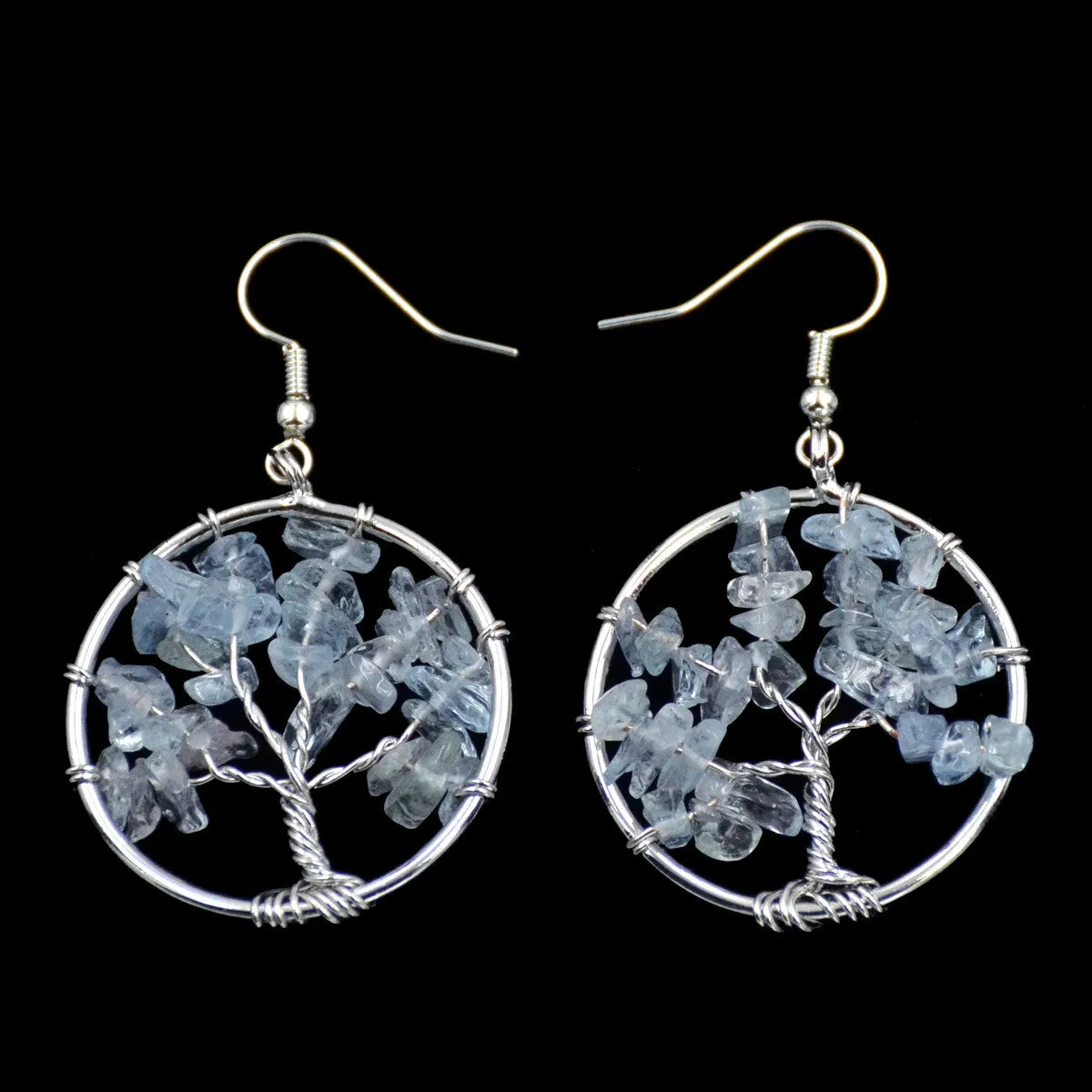 Tree of Life Hook Earrings Chakra Gemstone 30mm Silver Wire Wrap