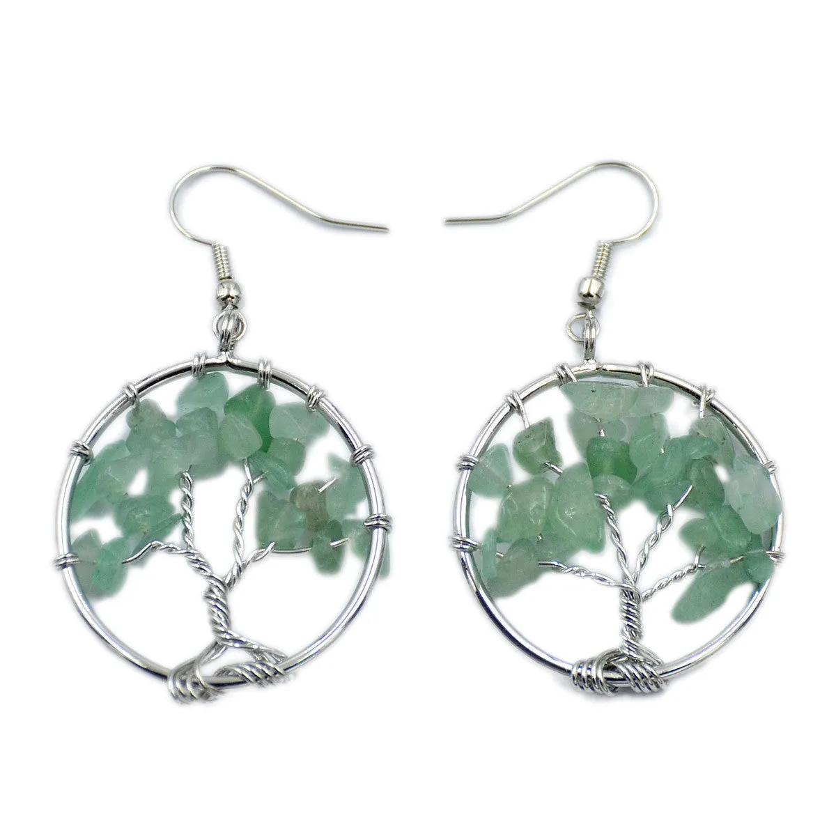 Tree of Life Hook Earrings Chakra Gemstone 30mm Silver Wire Wrap