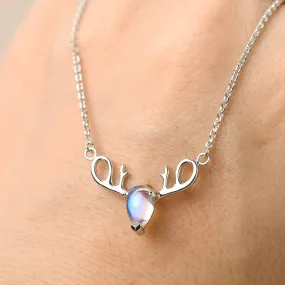 Unique Deer Antler Teardrop Rainbow Moonstone 925 Sterling Silver Necklace