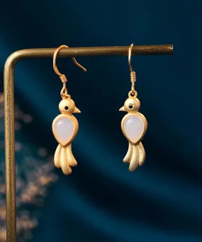 Unique White Inseparable King Bird Inlaid Hetian Jade Hoop Earrings