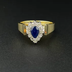 Vintage 10K Gold Sapphire Diamond Halo Engagement Ring, Sz 5 3/4