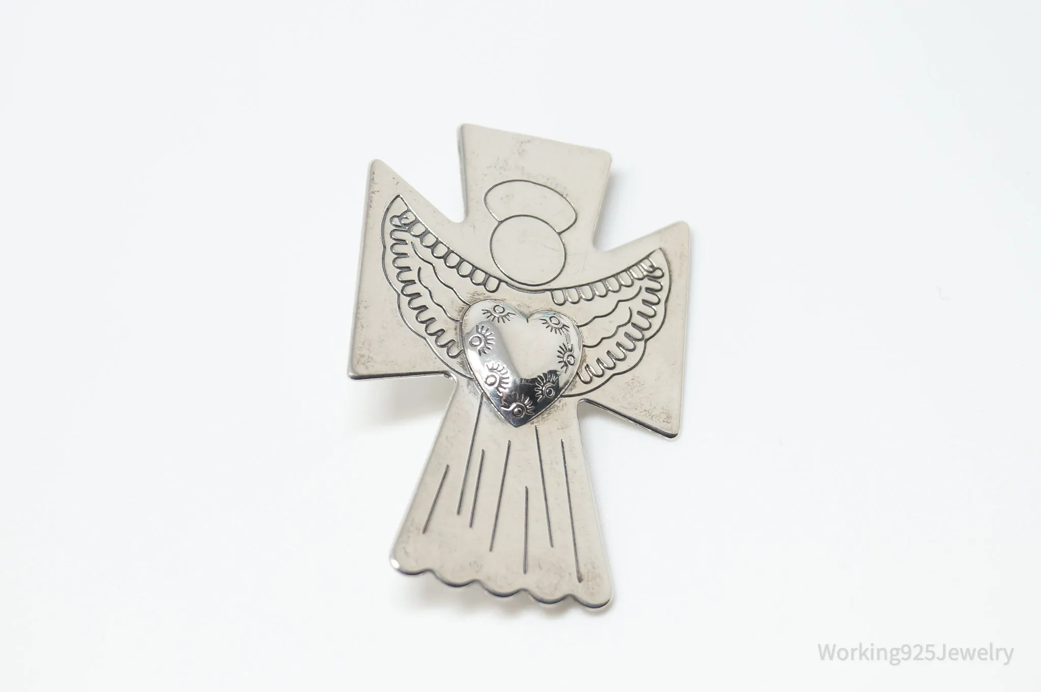 Vintage Carolyn Pollack Guardian Angel Cross Sterling Silver Pendant Brooch Pin