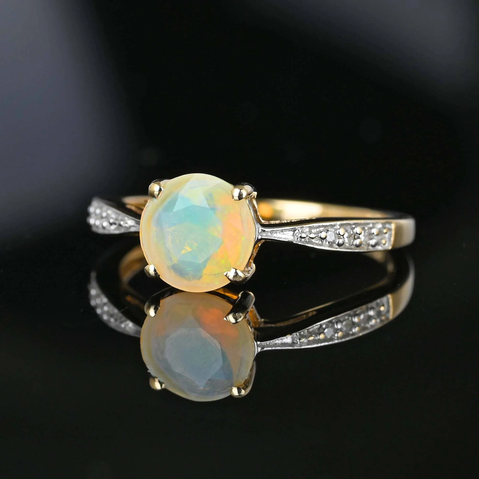 Vintage Diamond Solitaire Jelly Opal Ring in Gold