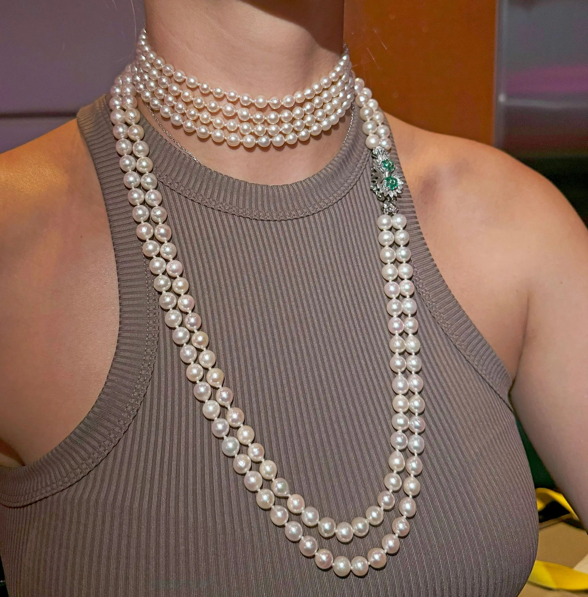 Vintage Double Strand 26" Cultured Japanese Pearl Emerald Clasp 18K WG Necklace