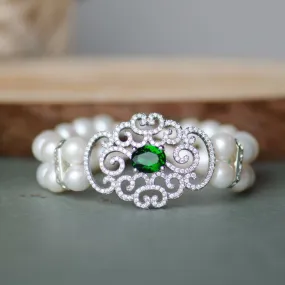 Vintage Emerald Double Rows Freshwater Pearls Micro Paved Wedding Bracelet, Bride, Bridesmaids