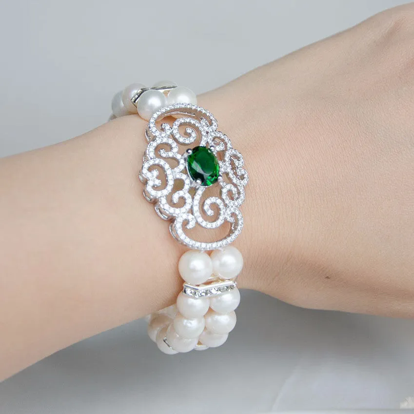 Vintage Emerald Double Rows Freshwater Pearls Micro Paved Wedding Bracelet, Bride, Bridesmaids