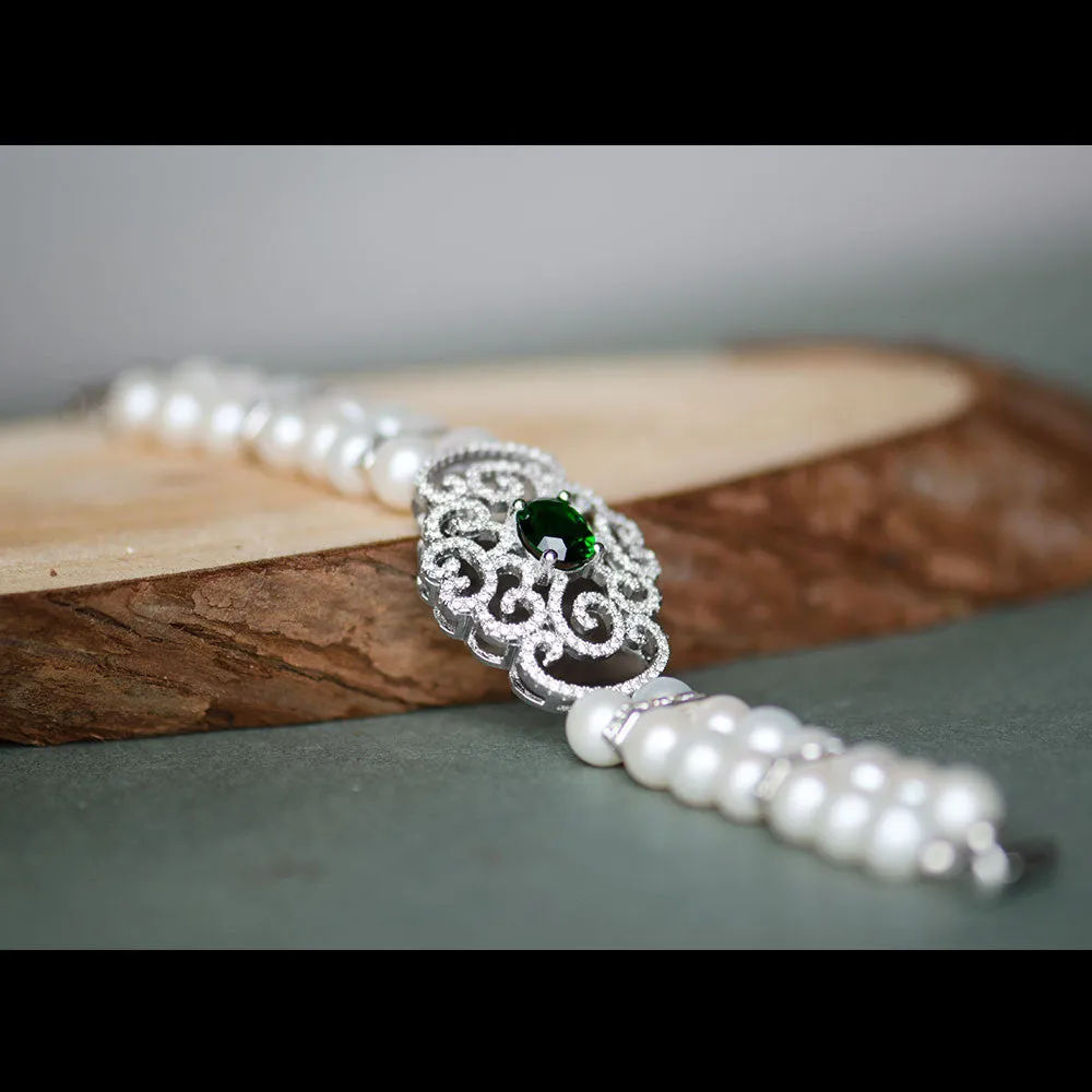 Vintage Emerald Double Rows Freshwater Pearls Micro Paved Wedding Bracelet, Bride, Bridesmaids