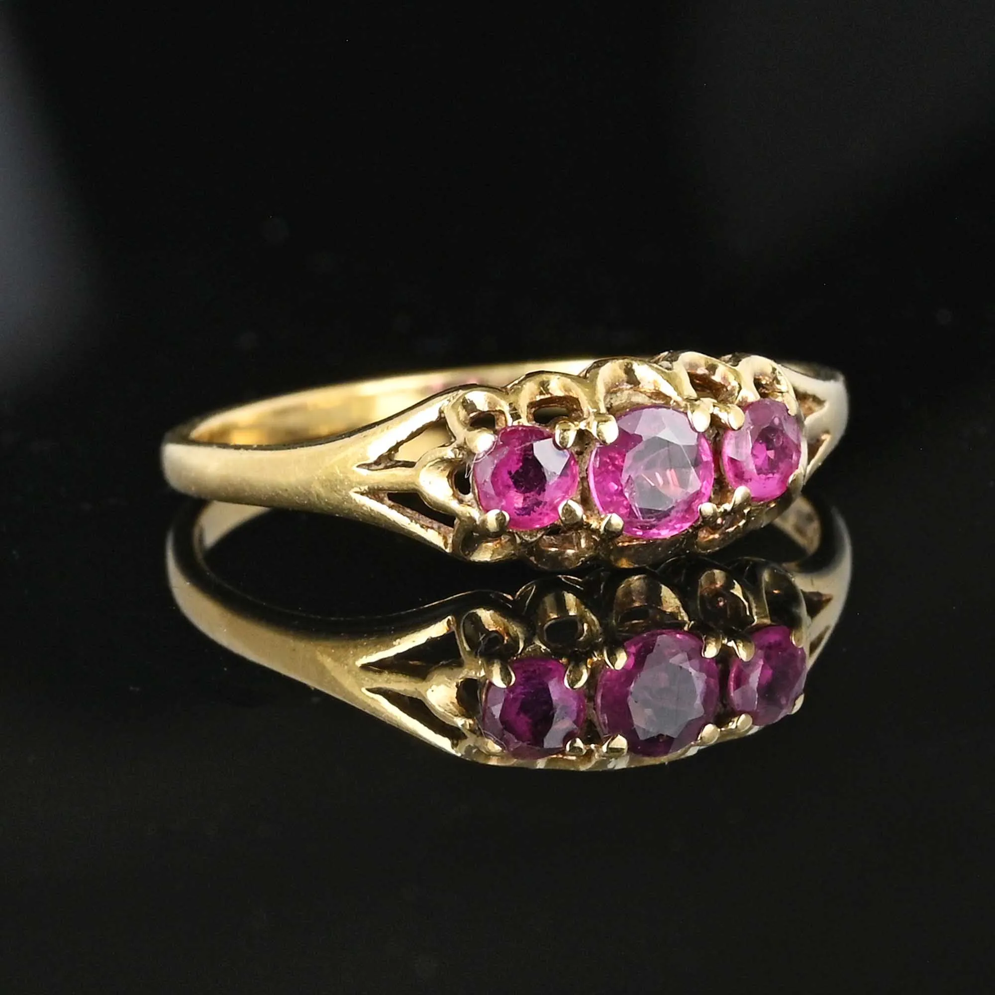 Vintage English Gold Three Stone Ruby Ring Band