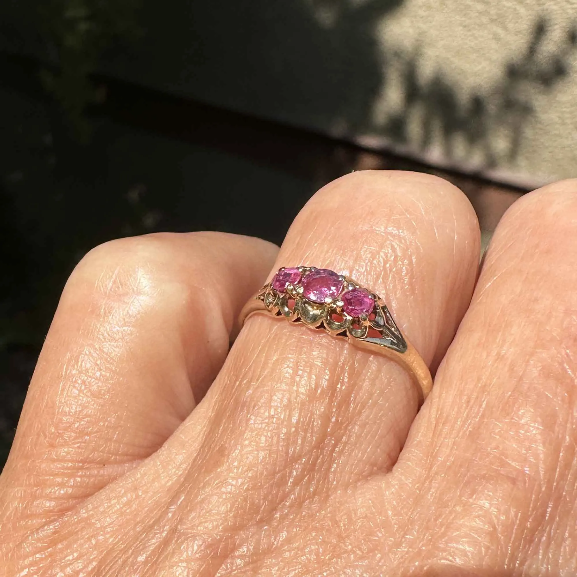 Vintage English Gold Three Stone Ruby Ring Band