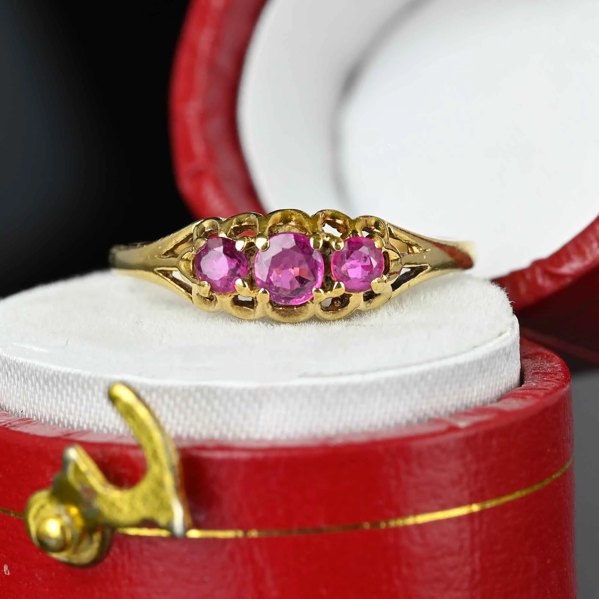 Vintage English Gold Three Stone Ruby Ring Band