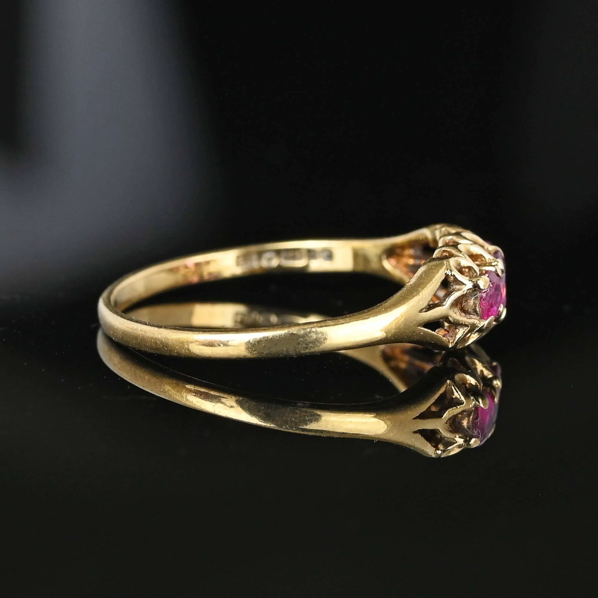 Vintage English Gold Three Stone Ruby Ring Band