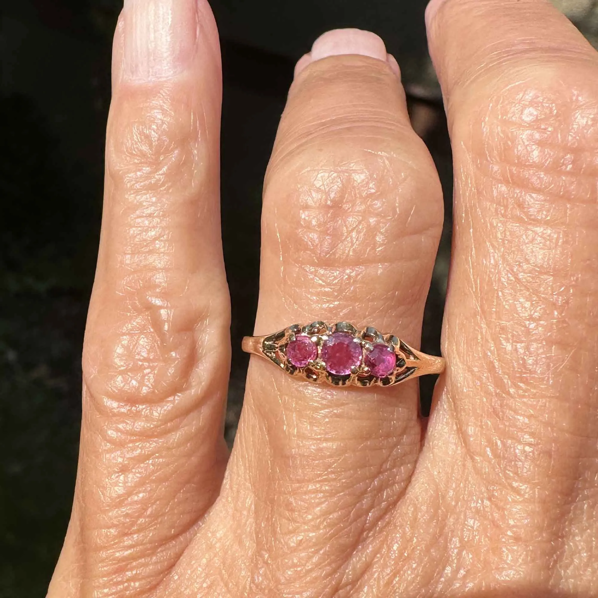 Vintage English Gold Three Stone Ruby Ring Band