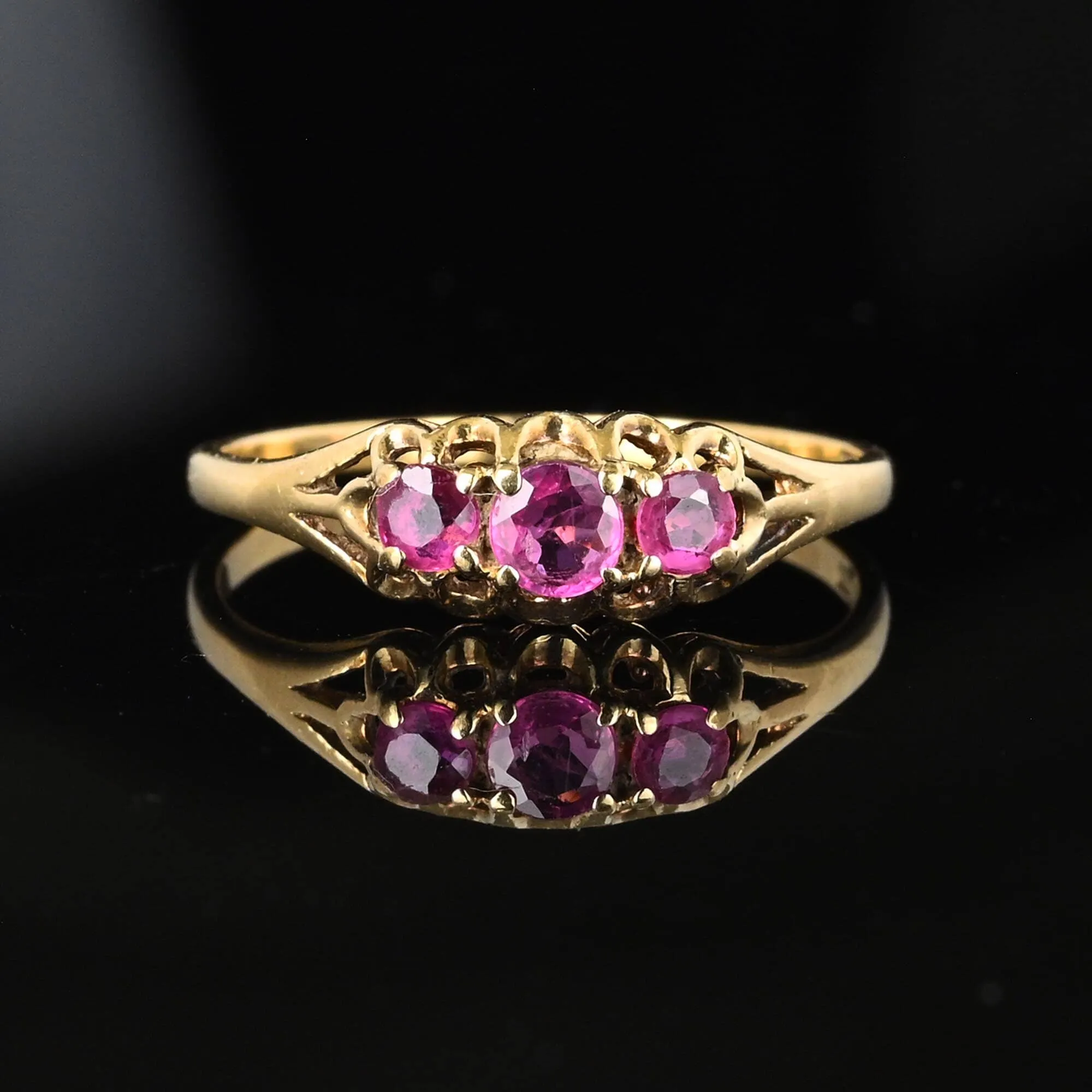 Vintage English Gold Three Stone Ruby Ring Band