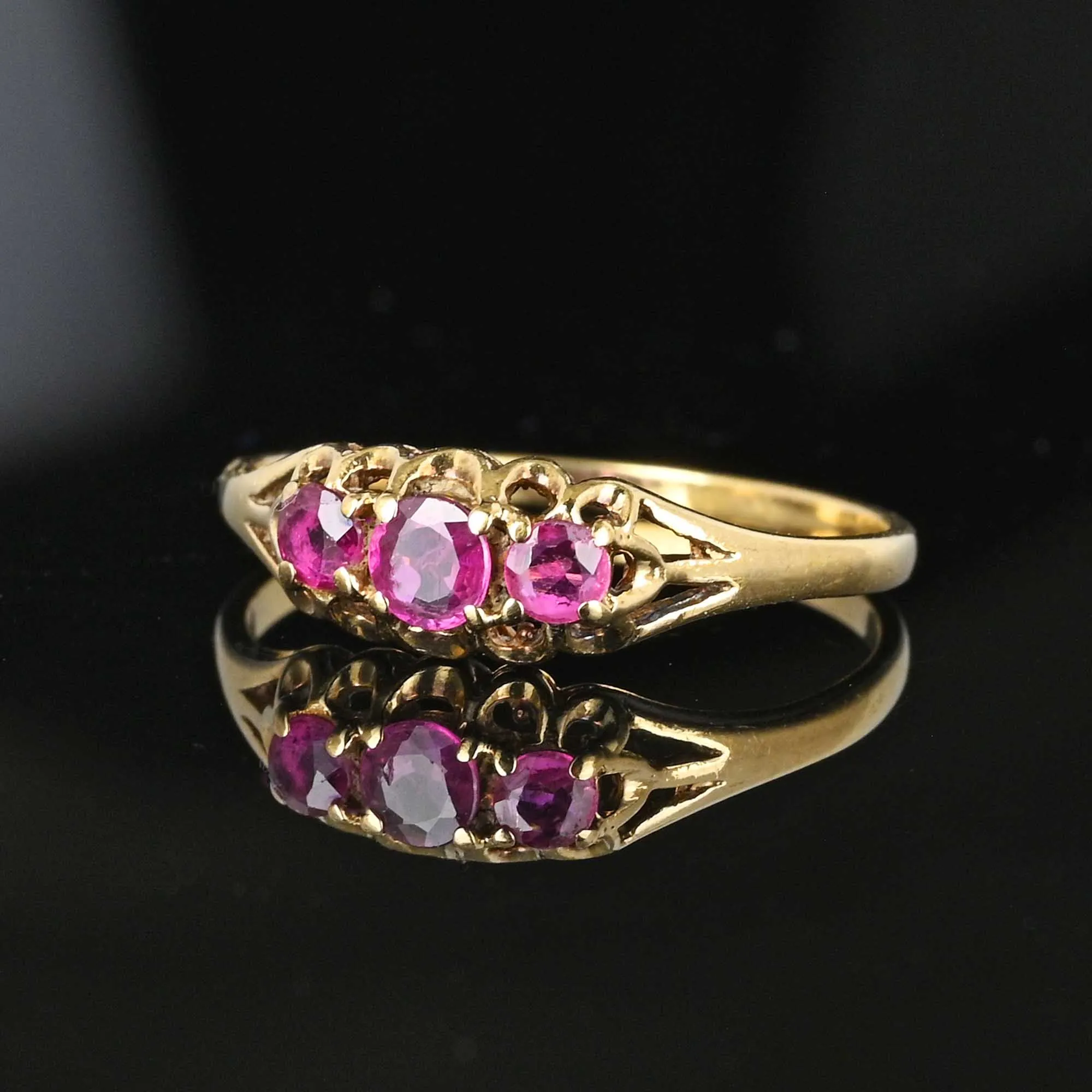 Vintage English Gold Three Stone Ruby Ring Band