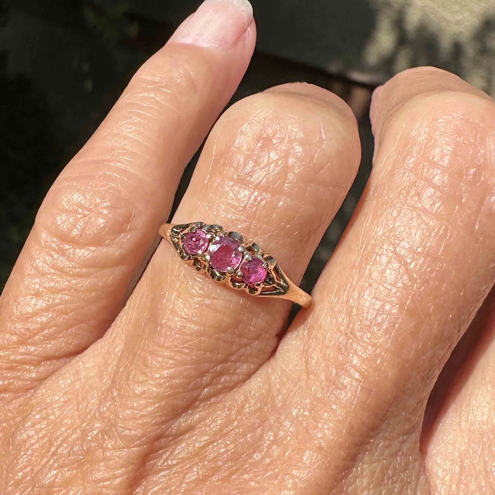 Vintage English Gold Three Stone Ruby Ring Band