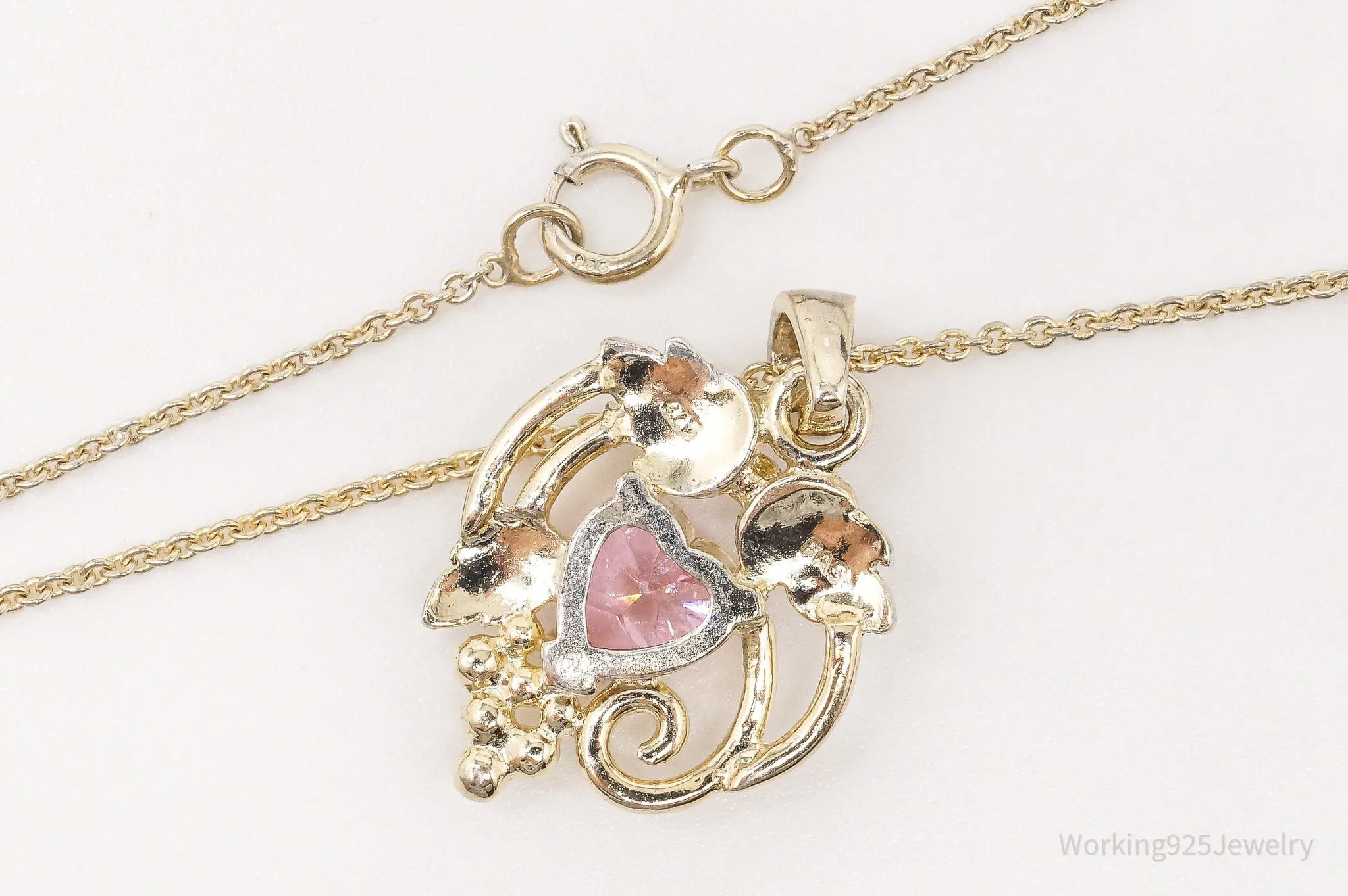 Vintage FAS Pink Cubic Zirconia Heart Gold Over Sterling Silver Necklace 18"