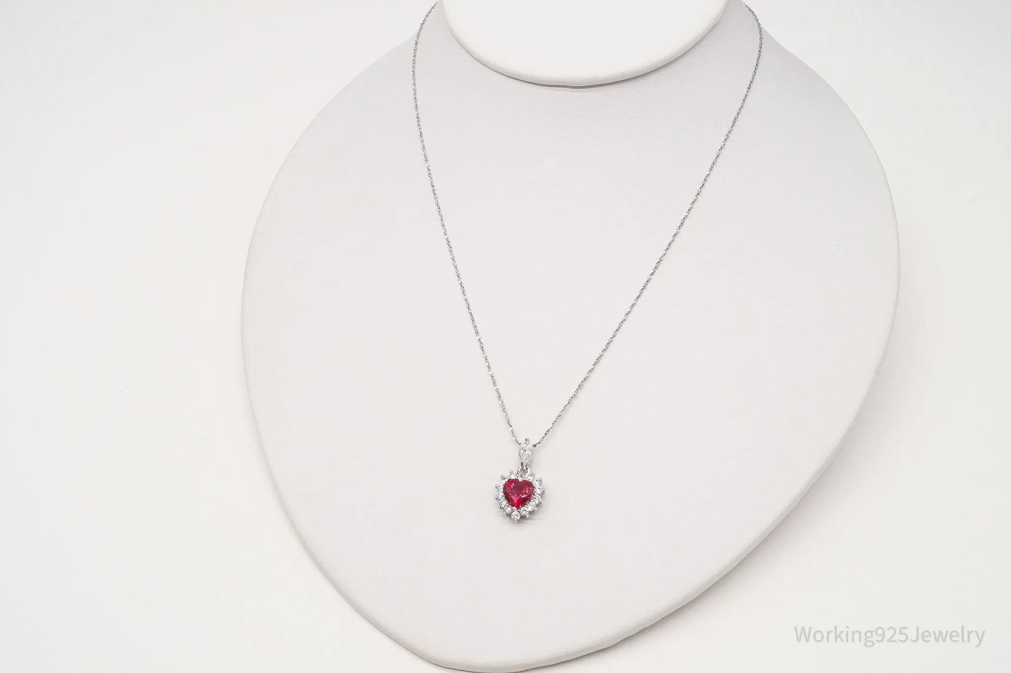 Vintage JJT Ruby Cubic Zirconia Heart Sterling Silver Necklace 18"