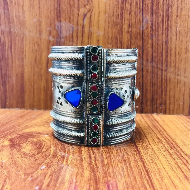 Vintage Kuchi Cuff Bracelet With Blue Glass Stones